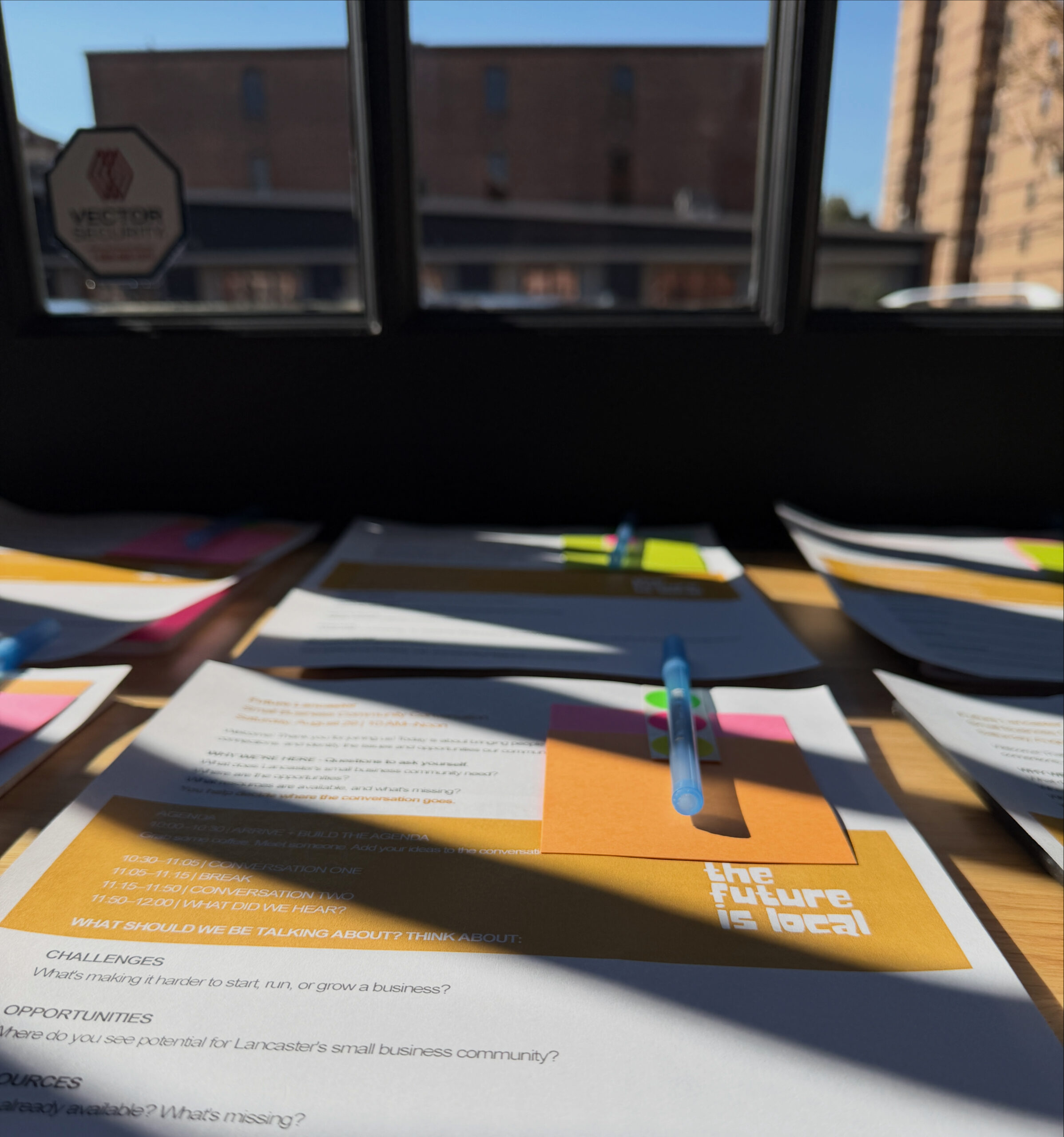 Future Lancaster conversation sheets laid out on a sunny table